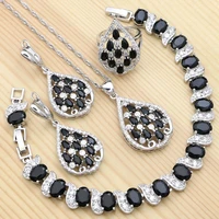 black cubic zirconia white crystal 925 silver jewelry sets for women punk ring bracelet necklace pendant earrings set