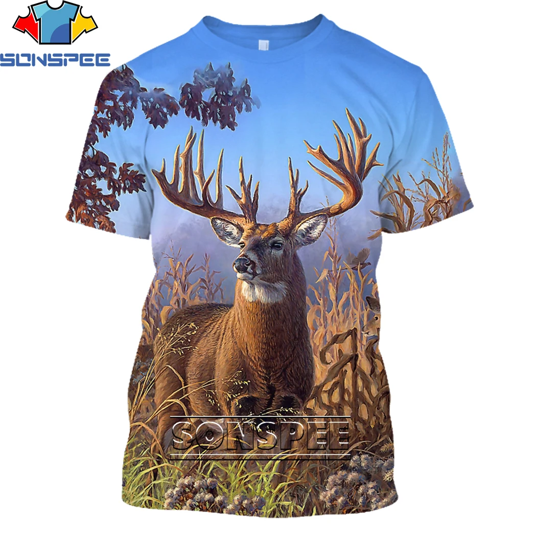 

SONSPEE Camo Hunting Animals Deer Elk 3D T-shirt Summer Casual Men T Shirts Fashion Streetwear Women Pullover Short Sleeve Tops