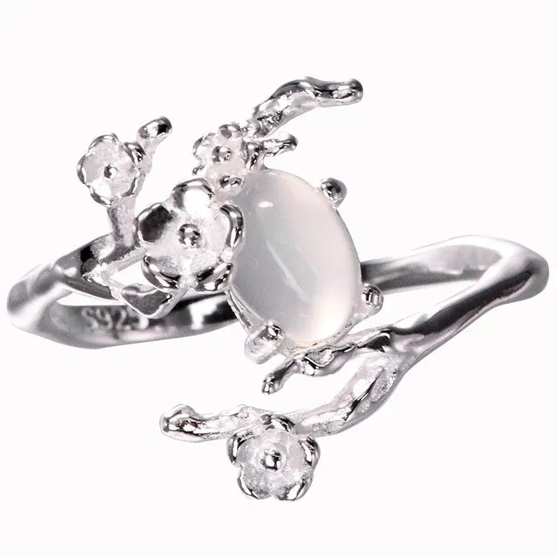 

SNew silver original design inlaid moonlight white chalcedony plum opening adjustable women's ring to send a friend gift
