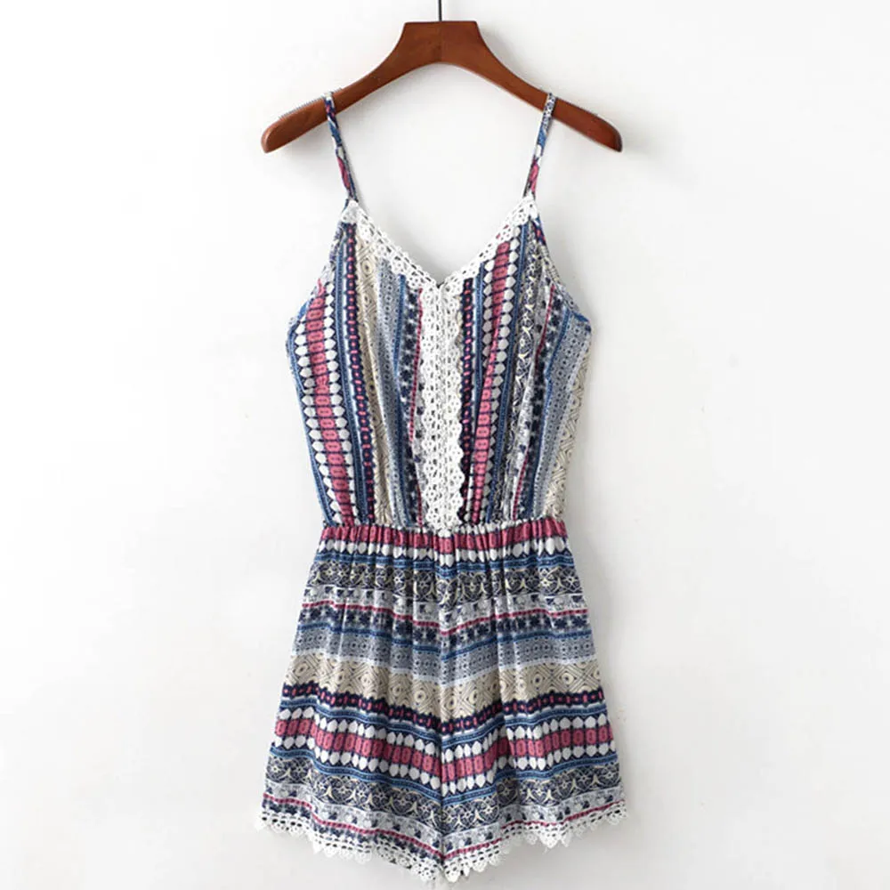 

2021 Summer Women Western Ethnic Style Printed Loose Lace Suspenders Jumpsuit Shorts Beach Hot Pants Clearance Sale
