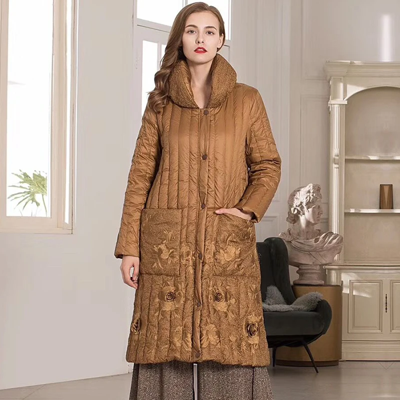 

Winter Stand Collar Slim Down Coat Street Style Embroidered +Pocket Long Sleeve Elegance Lady Down Coat Plus Size M-4XL