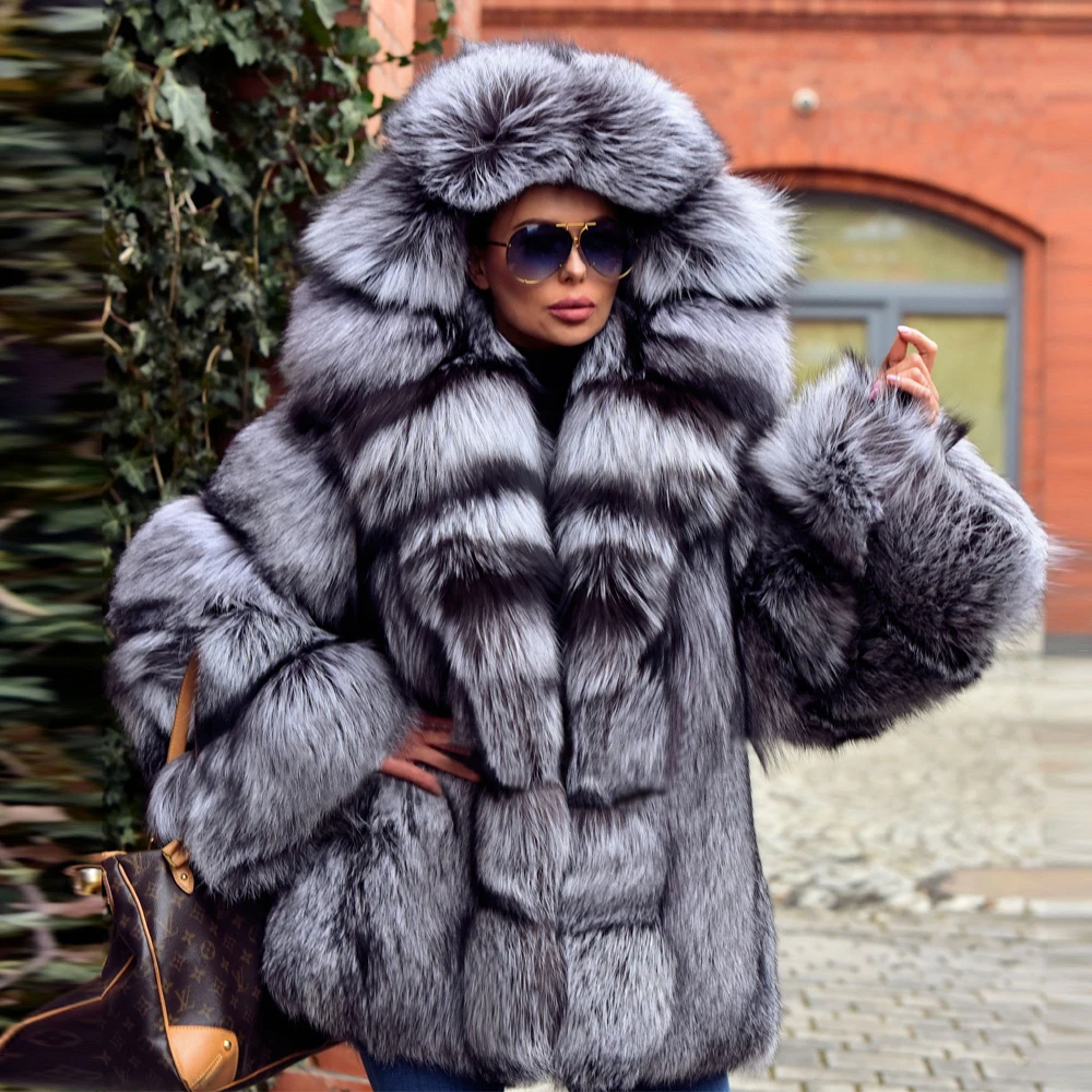 

Natural Silver Fox Fur Coat with Hood Thick Warm Woman Fur Outwear Trendy Winter New Real Fox Fur Jacket Medium Length Overcoats