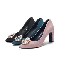 chunky heels pointed shoes women high heels big size 43 pearl crystal shoes suede lady shoes high heel new blue ladies shoes