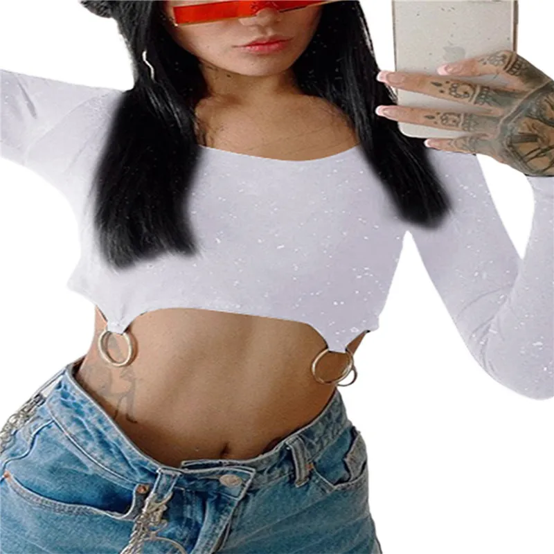 

Spring Autumn Women's Sexy Long Sleeve Crop Top Casual Solid Color Slim Top O-neck Fit Plain Tee Shirt With Rings