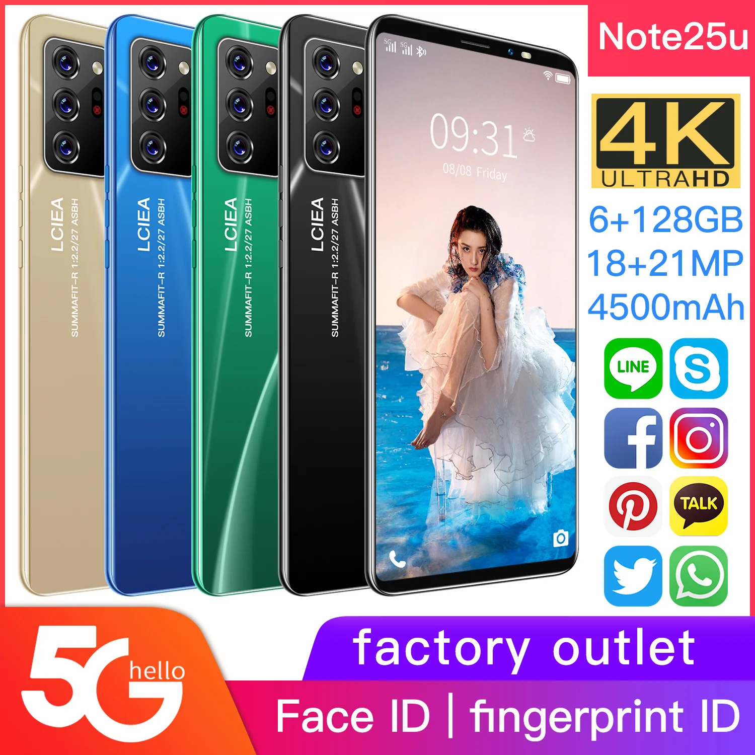 

Note25u 5.8 Inch Smartphone Screen Large Memory 6+128G Android10 Dual SIM Card 5G Face Unlock Camera 18MP+21MP 4500mAh cellphone