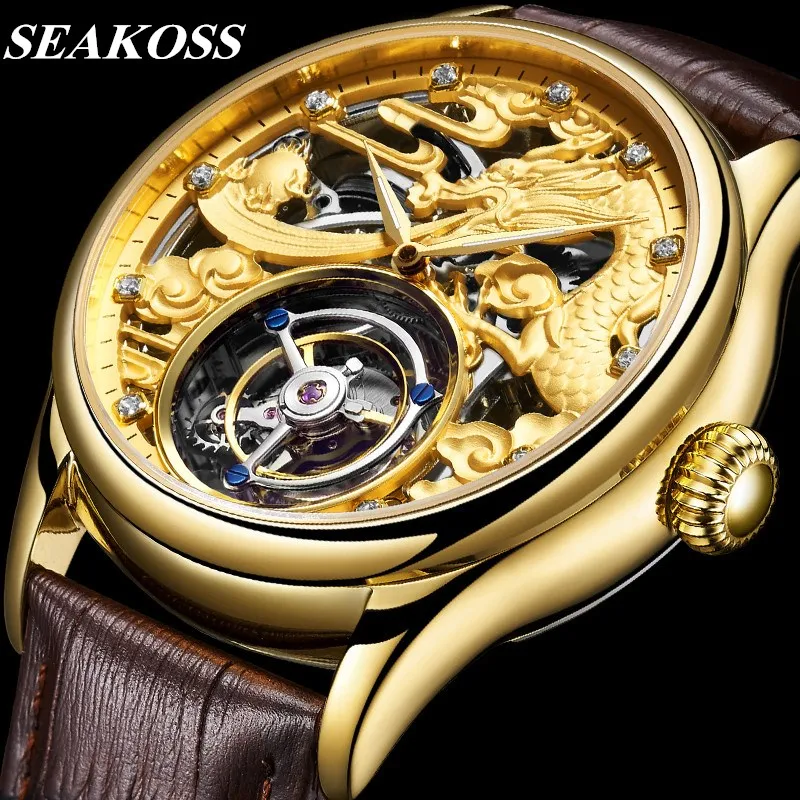 

New Zodiac Dragon Skeleton 100% Original Tourbillon Men Watches Sapphire Mens Real Tourbillon Mechanical Business Wristwatches