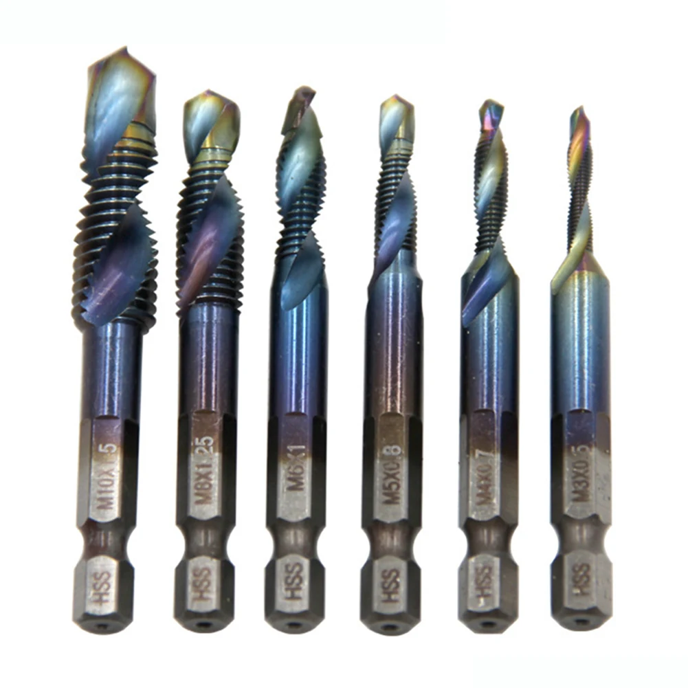 

6pcs/set 1/4 Hex Shank HSS Thread Metric Composite Tap Drill Bits M3-M10 Hand Tools Screw Machine Blue-plated Compound Tapping