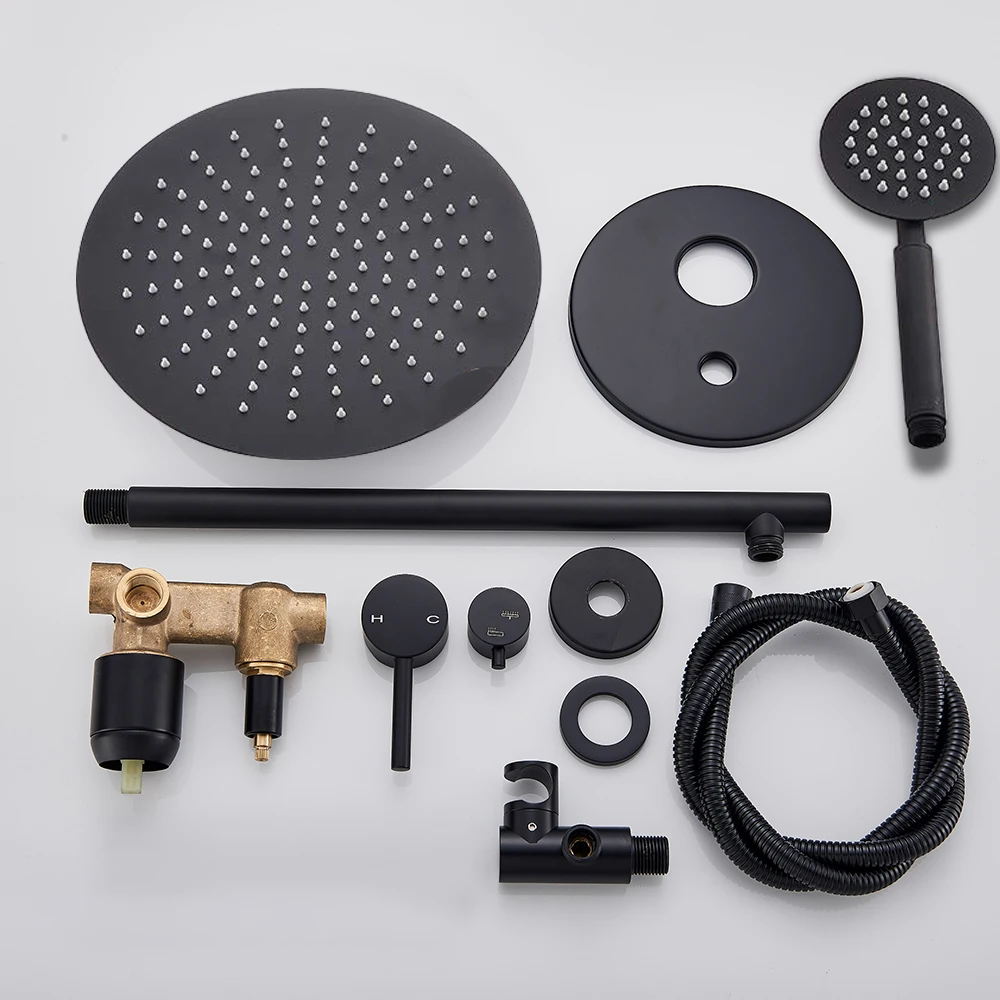 

Black Ceiling Mounted Shower Faucet Set In Wall Concealed Shower System Bathroom Shower Mixer Tap Stainless Steel Rainfall Head