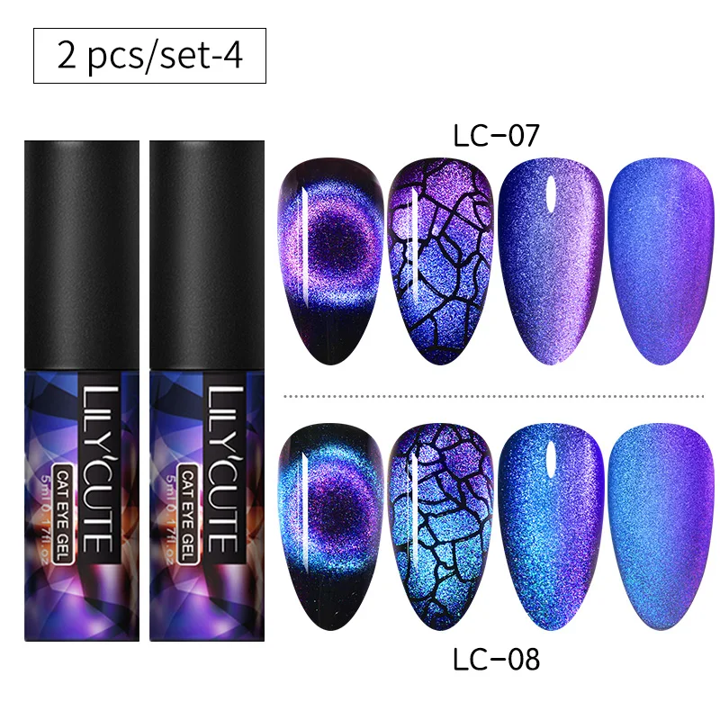 2PCS set 4 LILYCUTE 9D кошачий глаз УФ-гель замачиваемый лак для ногтей для УФ-и светодиодной лампы Магнит Лазерный Сияющий Красочный лак для ногтей лак все для маникюра - Цвет: 2PCS set 4
