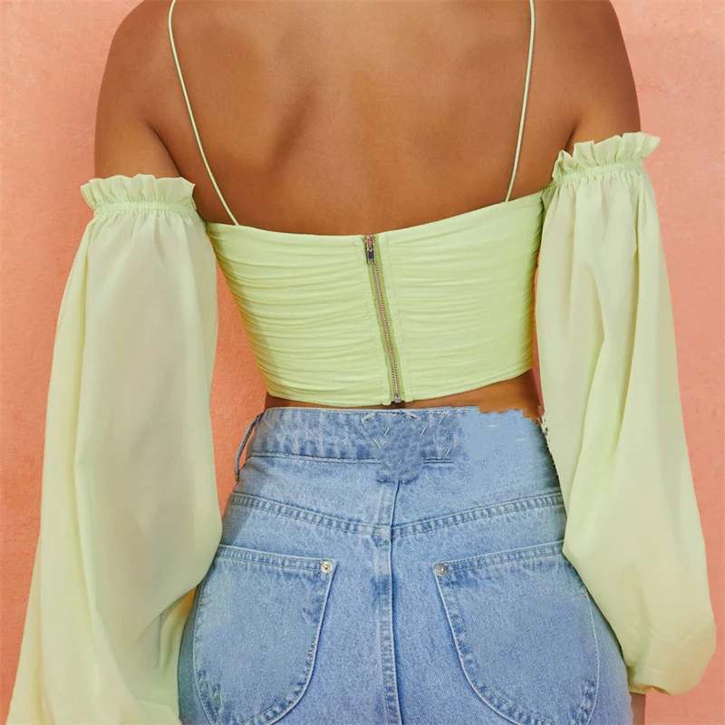 

CHRONSTYLE 2021 New Women Fashion Blouse Lantern Sleeve Crop Tops Sexy Off Shoulder Spaghetti Strap Criss Cross Shirt Streetwear