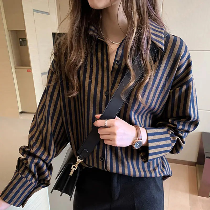 

Shirts Women Striped Spring New Blouses All-match Long Sleeves Popular Plus Size Loose Basic Student Korean Style Elegant Simple