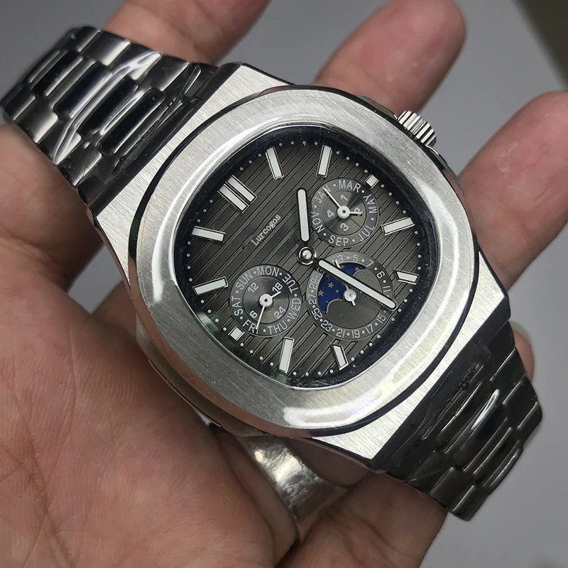 Мужские серебряные часы с автоматическим подзаводом гладкий серый циферблат