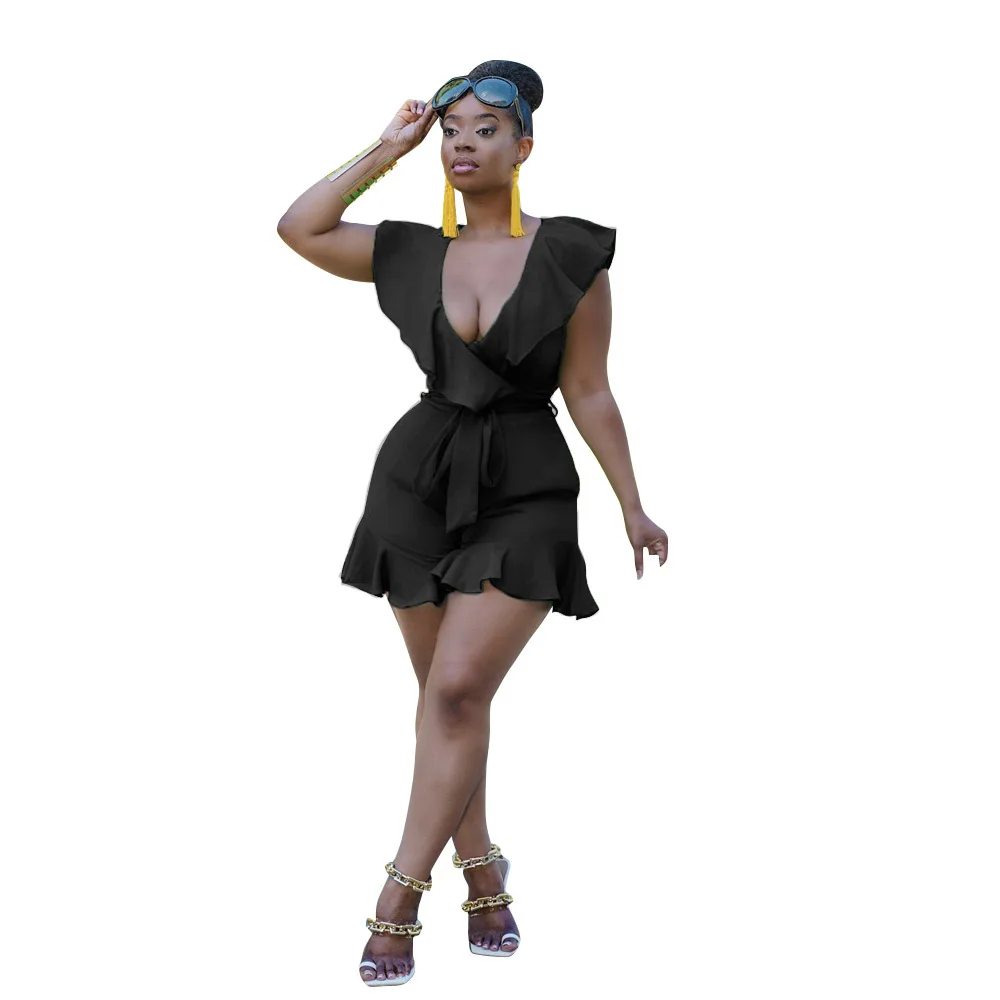 

Fashion Women Ruffles Short Sleeves Jumpsuits Deep V Neck Sash Sexy Summer Party Short Rompers Newest 2021 Female