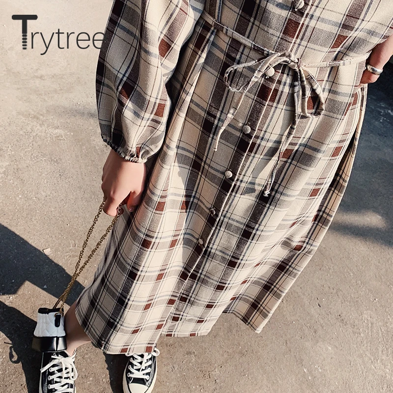 Весеннее женское платье Trytree 2020 повседневное однобортное клетчатое