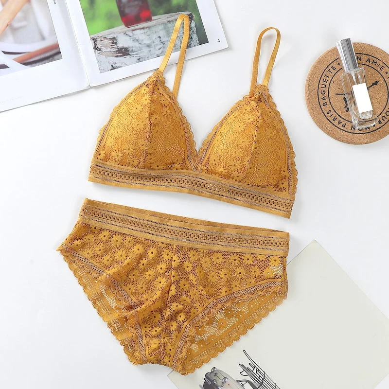 

French Style Bralette Seamless Deep V Lace Shoulder Strap Beauty Back Women Bra Teenager Girl Underwear Ladies Sexy Lingerie Set