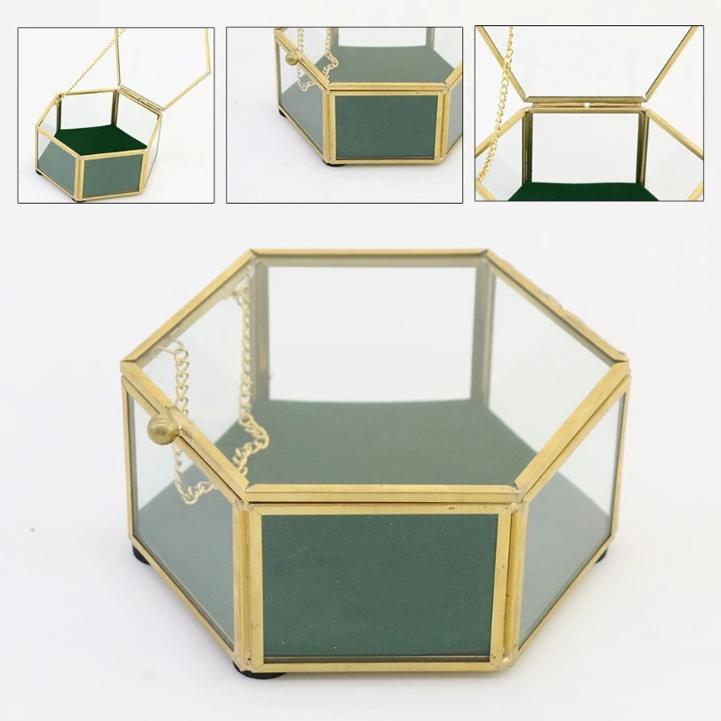 

Hexagonal Clear Glass Metal Jewelry Box Decorative Slanted Top Lid Shadow Box Vintage Jewelry Chest Keepsake Storage Case