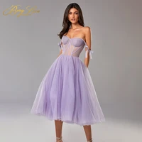 a line bow shoulder sweetheart evening dresses purple tulle formal dresses short backless prom dress elegant vestidos de noite