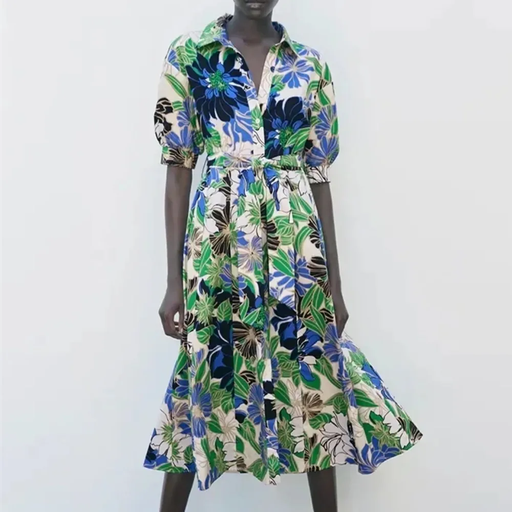 

2021 Autumn Floral Printed Woman Shirtdress Vintage Lapel Short Puff Sleeve Dress Casual Chic Tied Belt Button Womens Dresses
