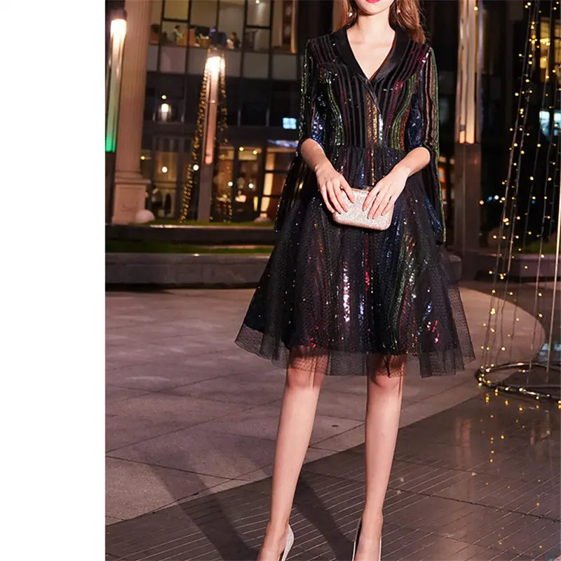 It's Yiiya Cocktail Dress 2019 V-Neck Three-Quarter Woman Robe Dresses Plus Size Sequin Knee-Length Gowns E804 | Свадьбы и