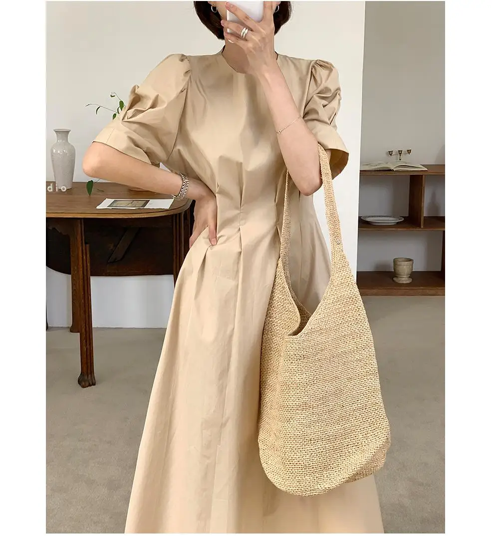 

New 2021 Women Summer Vintage Puff Sleeve High Waist Elegant Korean Style Casual Lady A-Line Bandge Dress