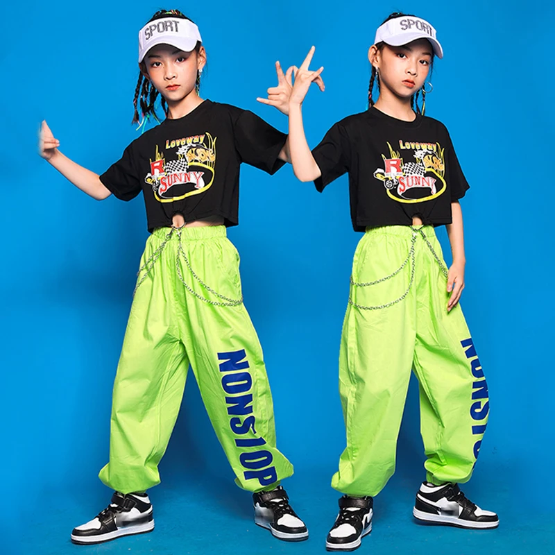 

Girls Modern Dance Costume Black Tops Green Pants Punk Style Jazz Hip Hop Performance Clothing Stage Wear Rave Clothes BL6700