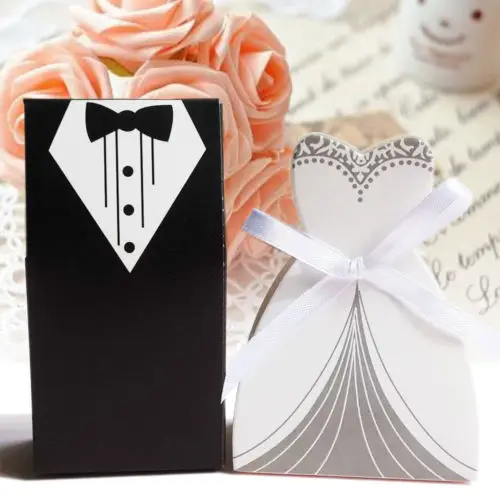 

100pcs Bride Groom Wedding Favor Gifts Bag Candy Box DIY Tuxedo Dress Gown Candy Box Wedding Decor Souvenirs Party Supplies