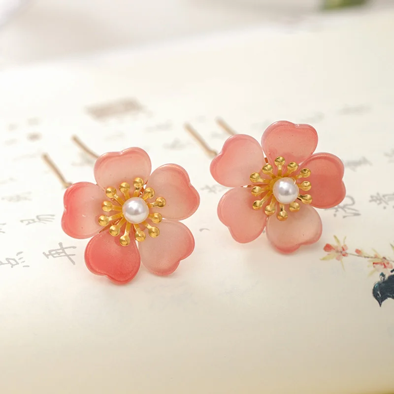2PCS Pink Flower Gold Color Hair Clips Simple Style Hair Pins Bride Hair Forks Tiara Women Elegant Hair Jewelry Accessories VL