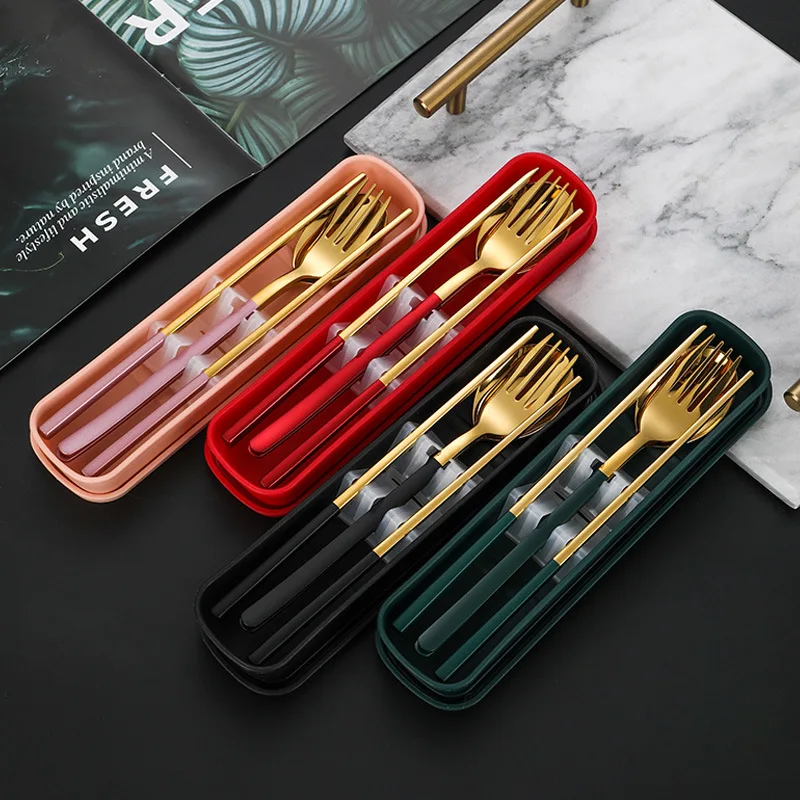 

Net Red Spoon Korean Tableware Stainless Steel Portable Three-piece Spoon Fork Chopsticks Dining Tools
