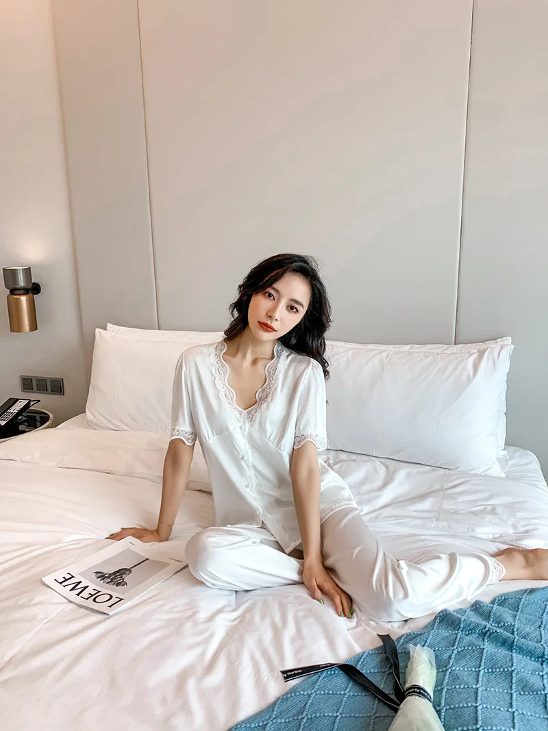 

Pyama Woman Set Summer Nuisette Femme Sexy Pyjama Satin Femme Simple Pajama Shorts Lace Loungewear Women Pajamas Home Service