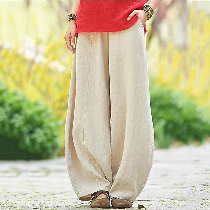 

Wide Legs Women's Pants Cotton Linen Elastic Waist Casual Lady Bloomers Spring Autumn Fashion Pants For Women Trousers