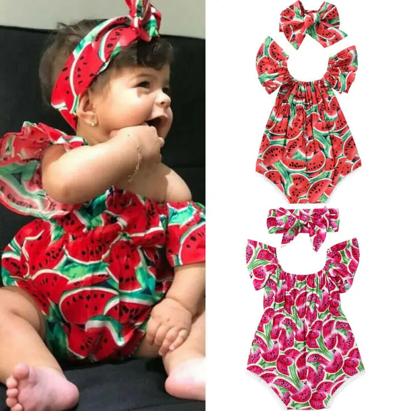 

Newborn Baby Girls Watermelon Print Clothes Ruffles Sleeve Playsuit+Headband 2pcs Jumpsuit Outfits