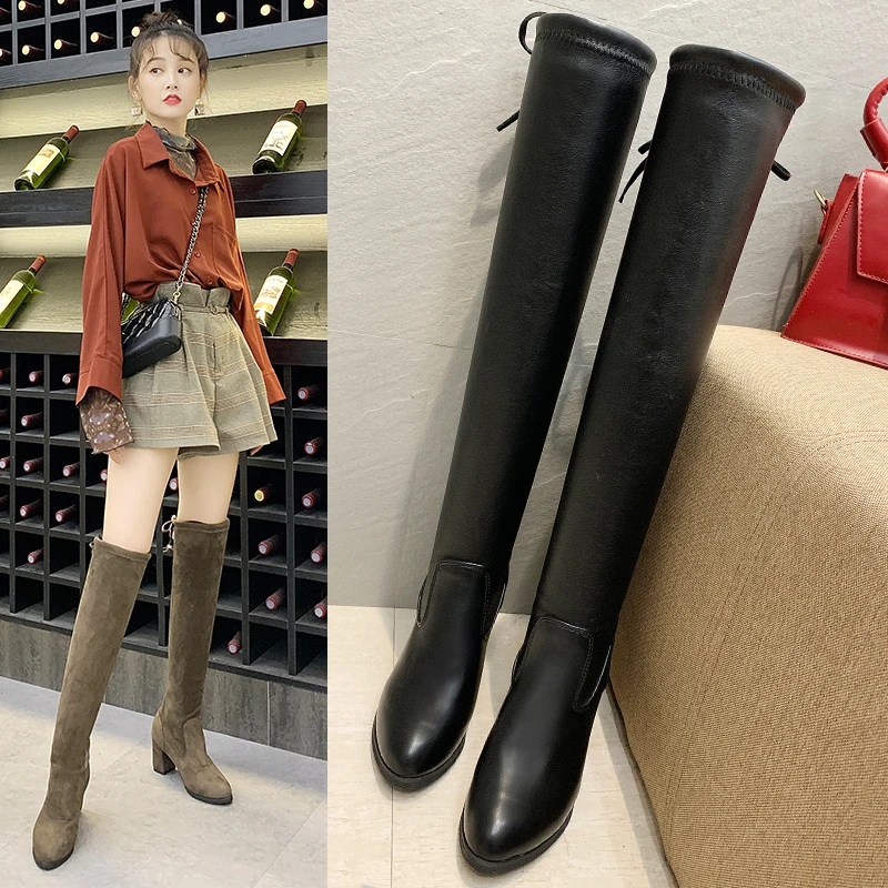 Пикантные Сапоги выше колена на высоком каблуке женские кожаные сапоги из флока