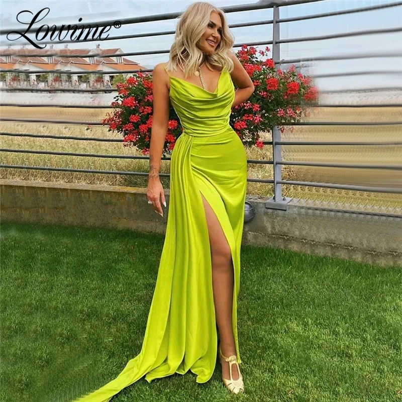 

Green Satin Simple Party Dress 2021 Spaghetti Straps Mermaid Long Prom Dresses Plus Size Customized Robes Arabic Evening Gowns