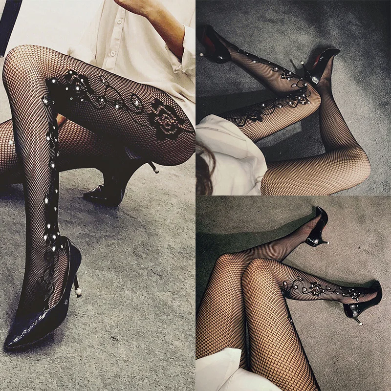 Женские сексуальные сетчатые колготки с кристаллами и блестками стразы черные