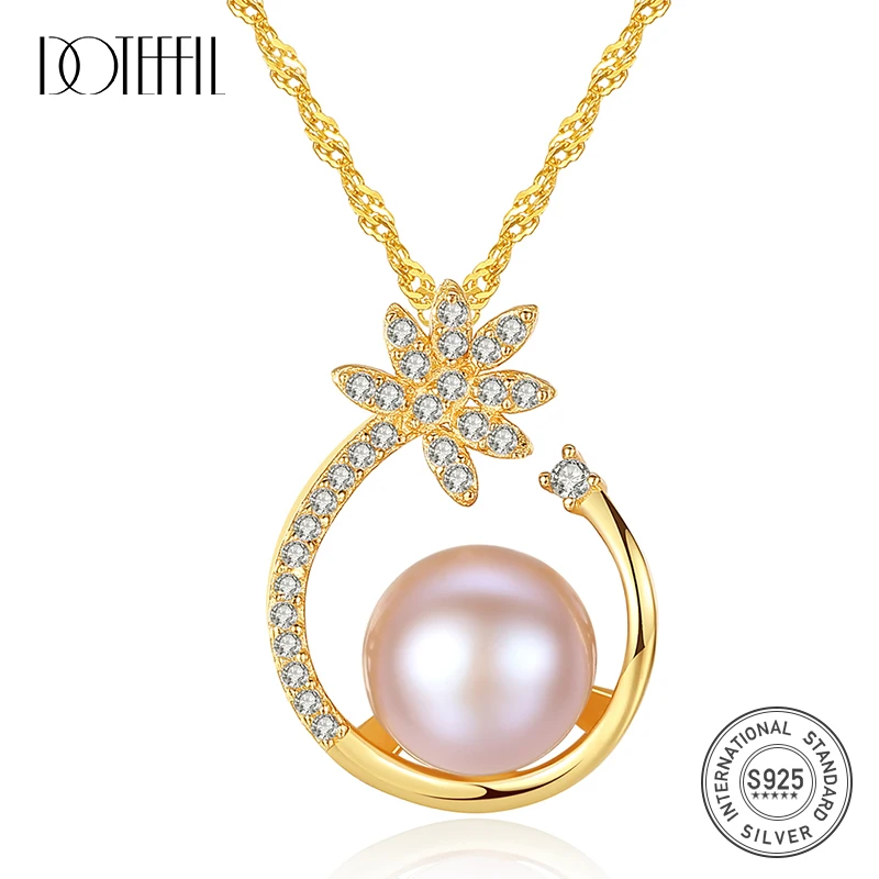 

DOTEFFIL 925 Silver Necklace Pearl Pendant Zircon Inlay Clavicular Chain Natural Freshwater Pearl Jewelry Link Women Lady Gift