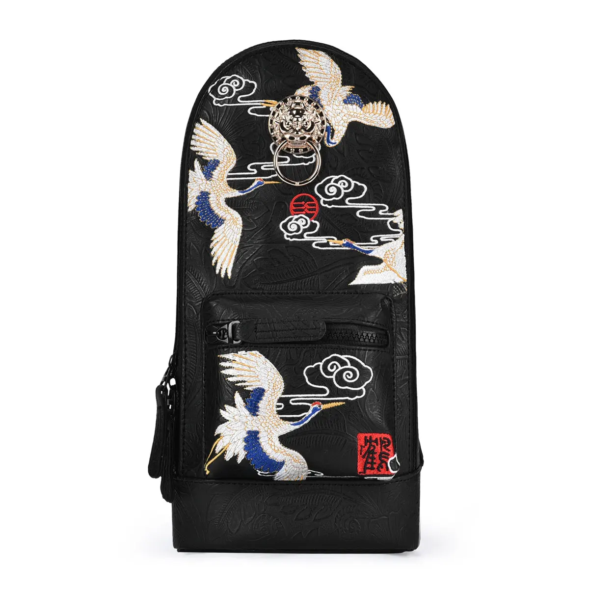 Мужская нагрудная сумка с золотистой головой льва и винтажной вышивкой в