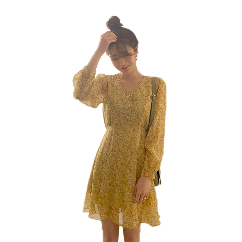 

Spring Autumn INS Retro Women's Sweet Floral Skirt High Waist Thin Office Ladies Working Chiffon Dress