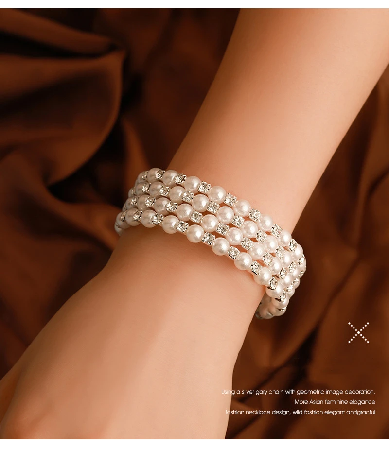 

Fashion Elasticity Beaded Bracelet Pearl Rhinestones Multilayer Charm Wide Cuff Bracelets Bangles For Women Wedding Jewelry