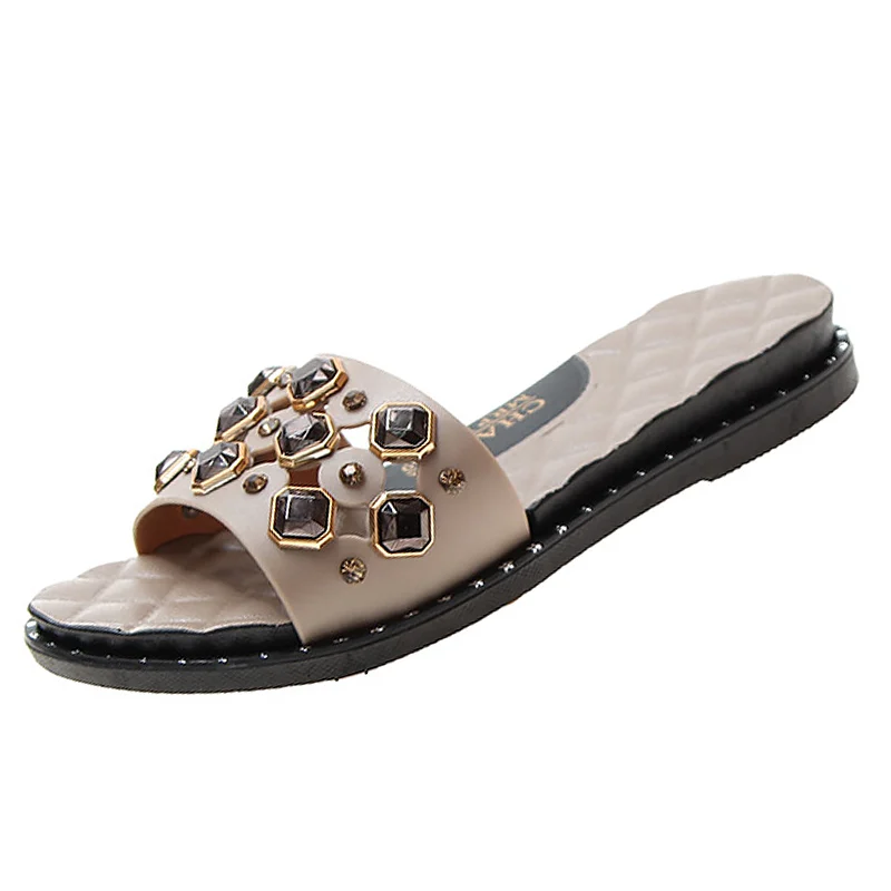 Сланцы женские с кристаллами Нескользящие шлепанцы плоская подошва летняя