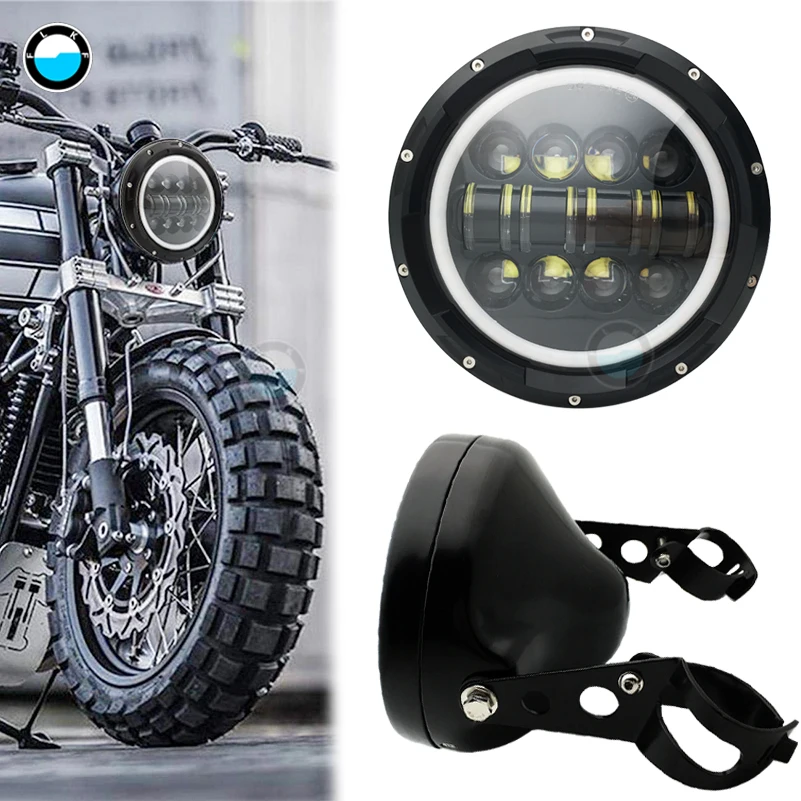 

7 Inch 80W DOT SAE E9 Motorcycle Headlamp with DRL & Amber 7inch Shell Housing Headlight Brackets.