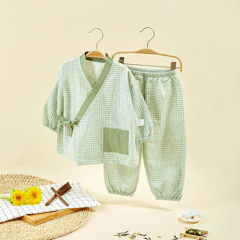 

Baby Pajamas Set Japanese Kimono Children'S Long-Sleeved Home Clothes Children'S Spring And Summer Thin Plaid Kimono Set LB788
