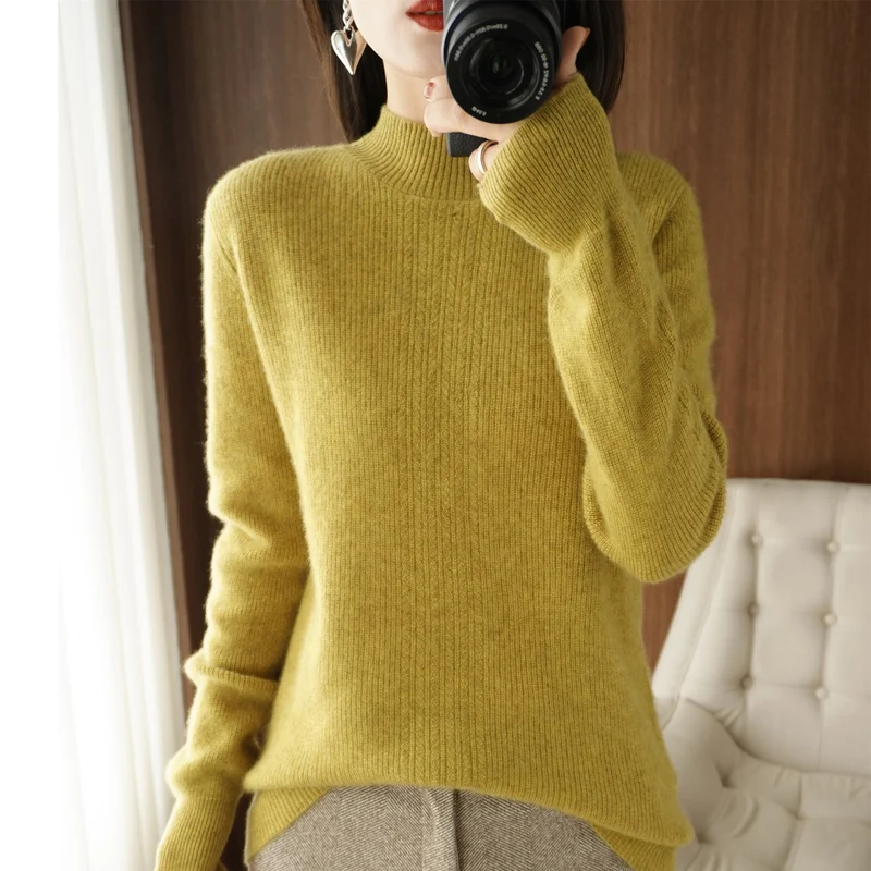 Women's Sweater 2021 New Autumn And Winter Half High Neck Cashmere Sweater Iong-Sleeved Solid Color Ioose Fashion Style Pullover