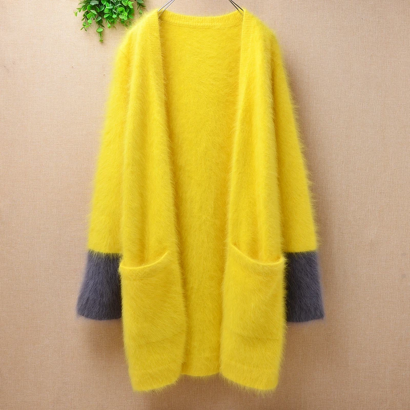 Женский модный плюшевый кашемировый вязаный длинный свитер свободного кроя с