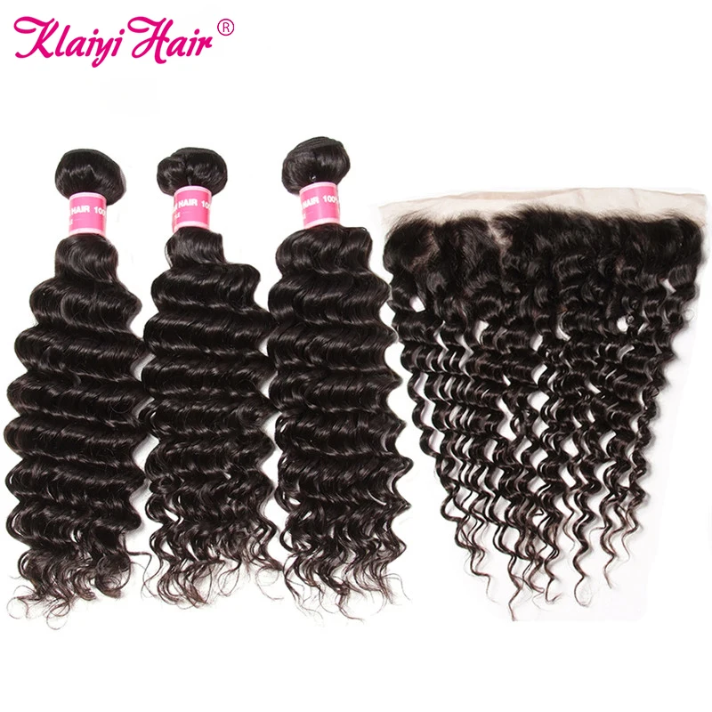 Klaiyi волосы бразильские глубокая волна пряди с фронтальной Remy человеческие