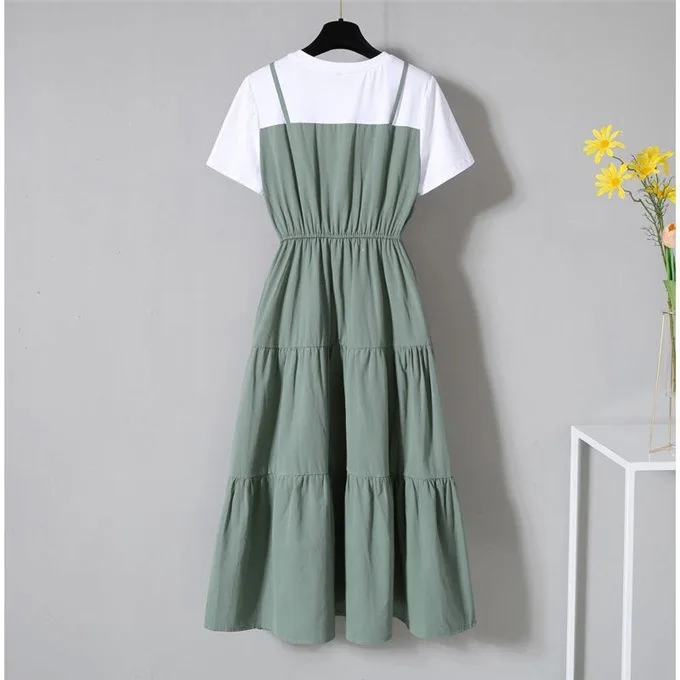 

New Women Casual Basic Summer Dress Short sleeve Patchwork Sling Fake Two Plus Size M~4XL