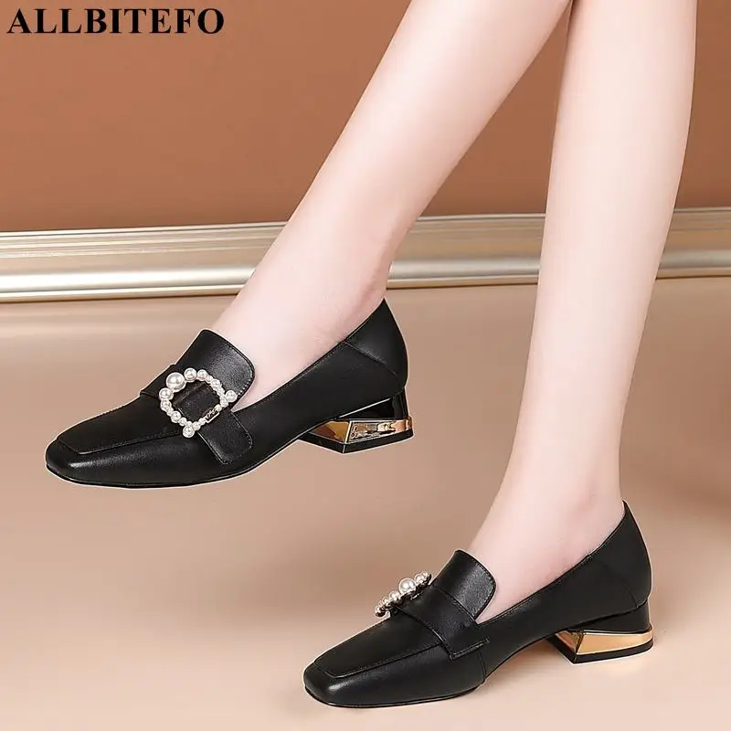 

ALLBITEFO square toe genuine leather thick heels alons hauts femme high heel shoes women heels shoes women shoes size:33-42