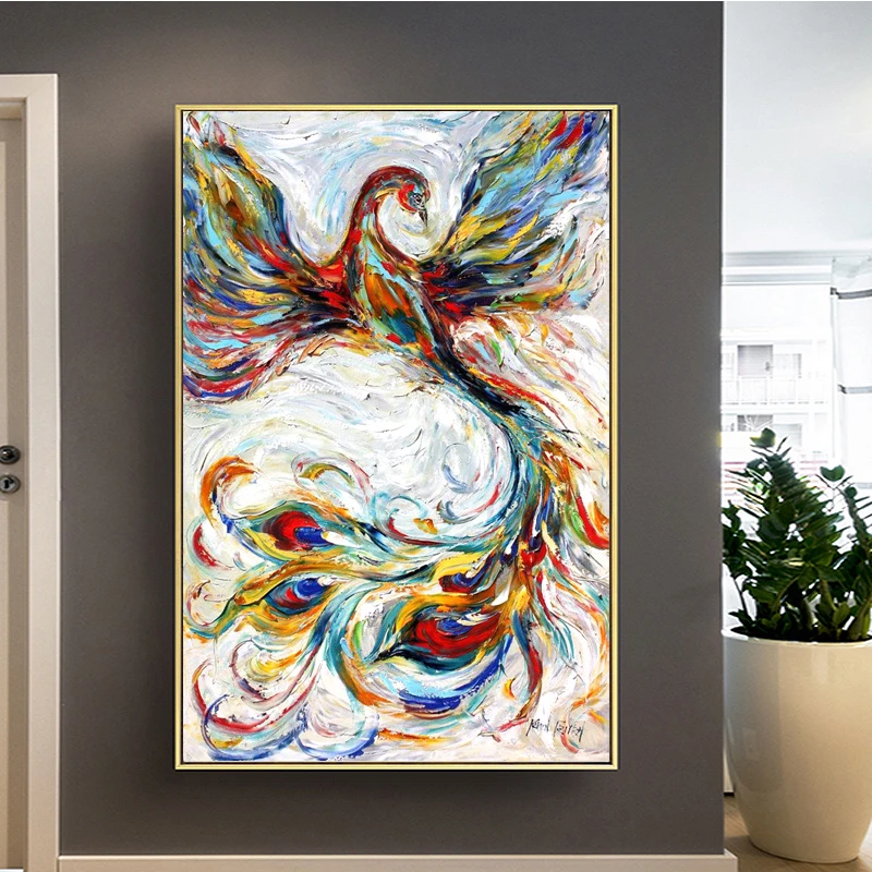 100% Hand Painted Abstract Phoenix Oil Painting On Canvas Wall Art Frameless Picture Decoration For Live Room Home Decor Gift