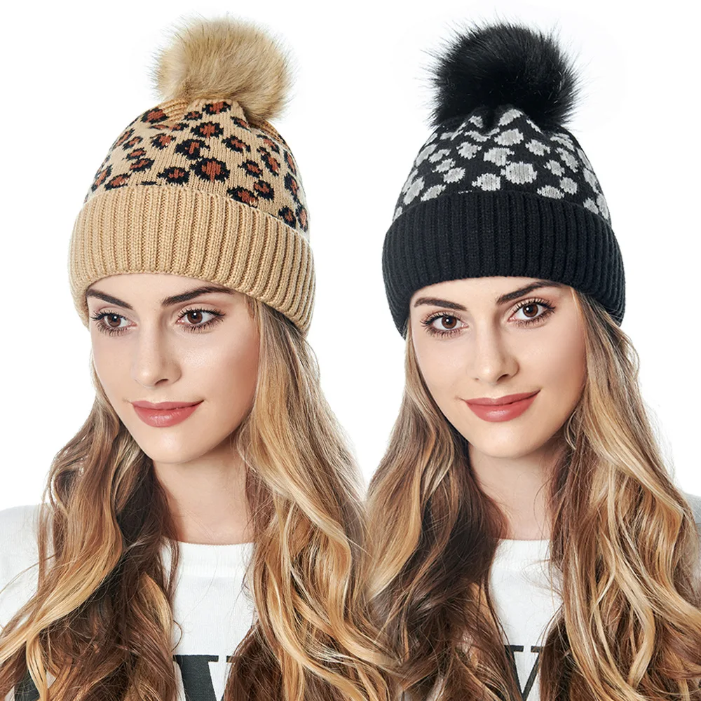 

Winter fashion casual outdoor knitted leopard print thickened warmth big hair ball high top woman's hat