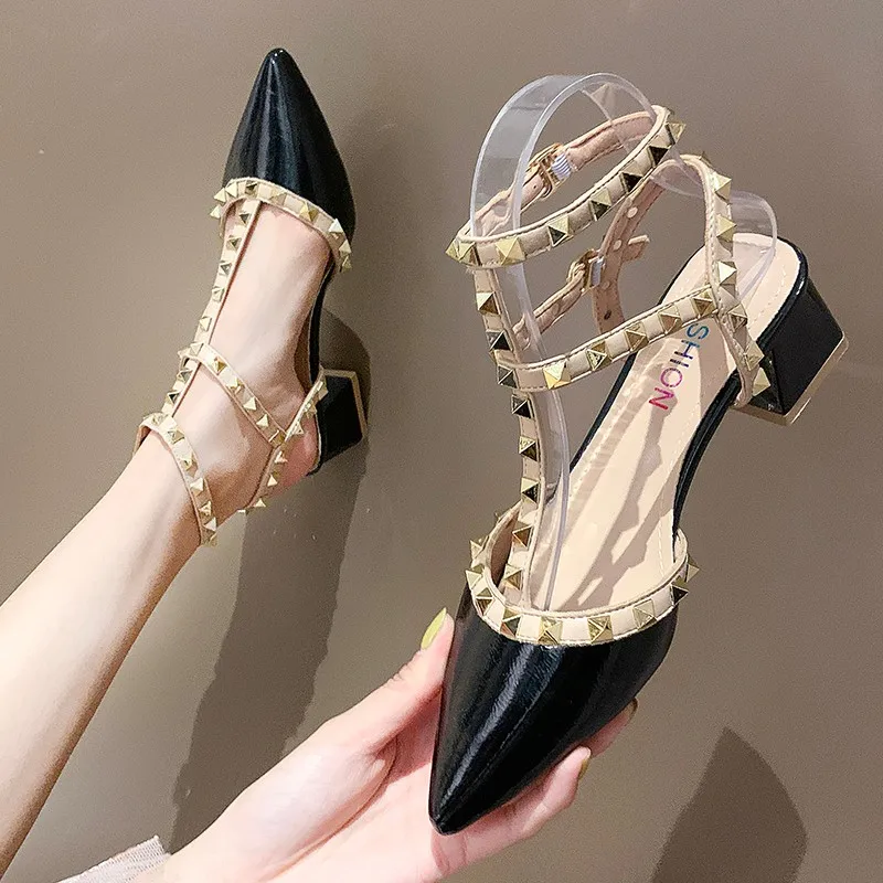 

2021 summer new style Baotou thick heel rivet high heels fashion women's shoes mid-heel high heels women sandals