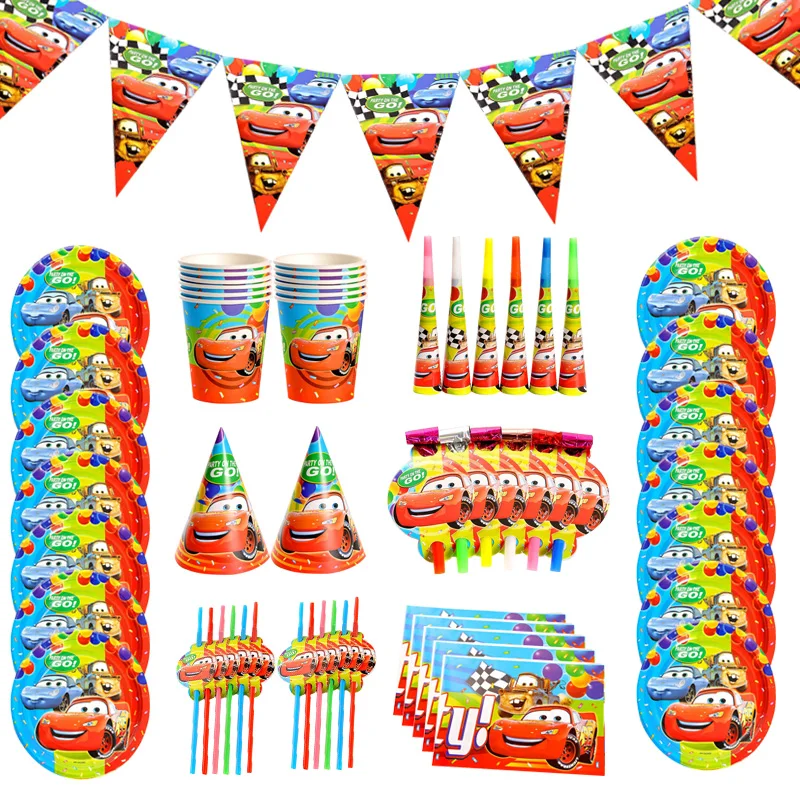 

Disney Cars Birthday Party Decorations Kids Favor Lightning McQueen Disposable Tableware Plates Hats Blowouts Cups Boys Supplies